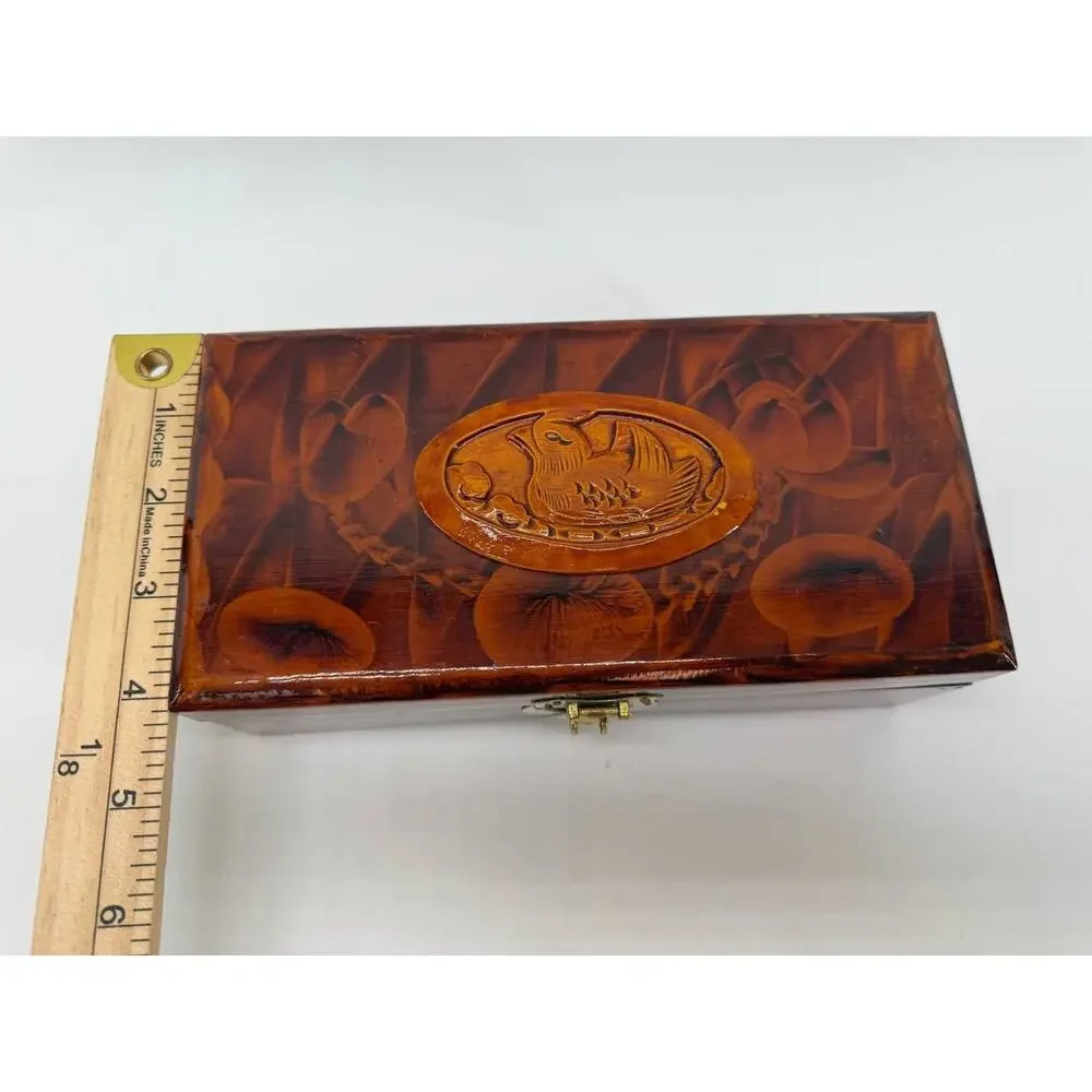 Chinese Carved Wood Jewelry Box Duck Lotus Red Silk Lined Brass Latch